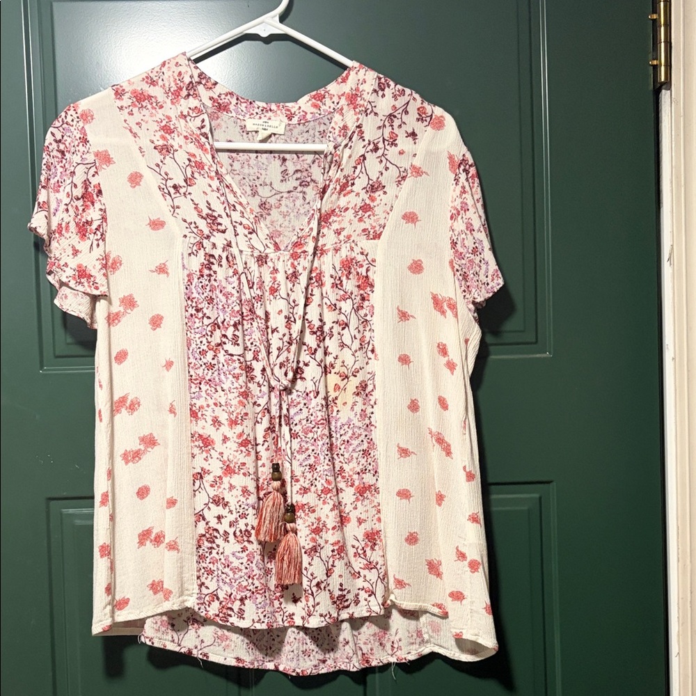 Floral Tassel V-Neck Blouse in Light Pink - Women